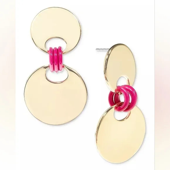 ON 34th Gold-Tone Disc & Fuchsia Color Ring Drop Earrings NWT - Picture 4 of 5